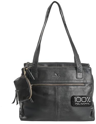 Lavalen Bolso Tote Bag Mujer Piel Auténtica - Bolso Mujer Grande con Estilo - Tote Bag de Cuero con múltiples Cremalleras - Muchos Compartimentos para uso diario – Monedero de Regalo -Negro