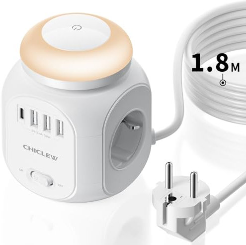 CHICLEW Regletas Enchufes Proteccion Sobretension, Cubo Enchufes con USB 8 IN 1, Enchufe Multiple con 4 Tomas y 3 USB y 1 USB-C, Ladron Enchufes con Luz Nocturna el Hogar Oficina y Viajes, Cable 1.8M