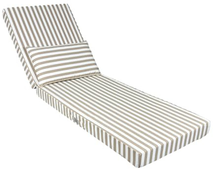 DÉCO Arts Colchoneta Tumbona 190x60x10 cm con Reposacabezas — Cojín Tumbona Desenfundable Repelente al Agua Anti-UV — Tela 270 g/m² Oeko-Tex — Exterior Jardín — A Rayas Beige