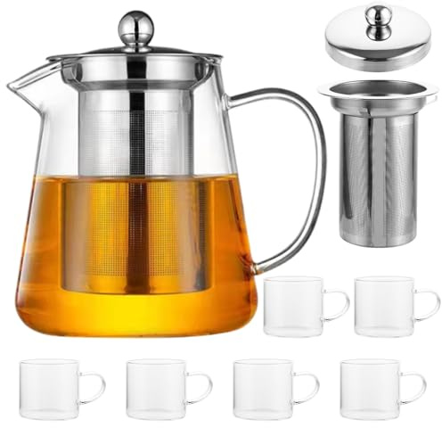 Oungy Tekanna glas med sil, glas tekanna 1 l, värmebeständig tekannor med sil, teapot, tekannor med sil i rostfritt stål, glastekanna för löst te och blommande (levereras med ett glas)