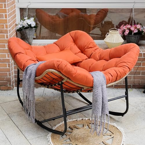 TIMWNER Papasan Rocking Chair with Cushion and Frame, Oversized Rocking Papasan Chairs Indoor or Outdoor Use,Patio Egg Rocking Chair Rattan Magical Rocking Chairs for Patio,Living Room,Red