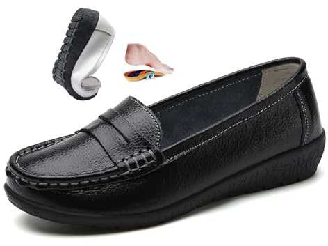 Mocassini ortopedici da donna in pelle traspirante, vestibilità larga, mocassini classici, scarpe infermieristiche da ufficio, Nero , 42 EU