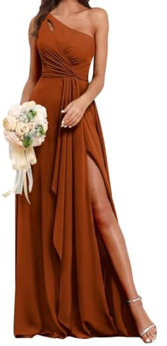 Vestidos de dama de honor de un hombro para boda, plisado, de gasa, formal, vestido largo con abertura AH127, Naranja Quemado, 36