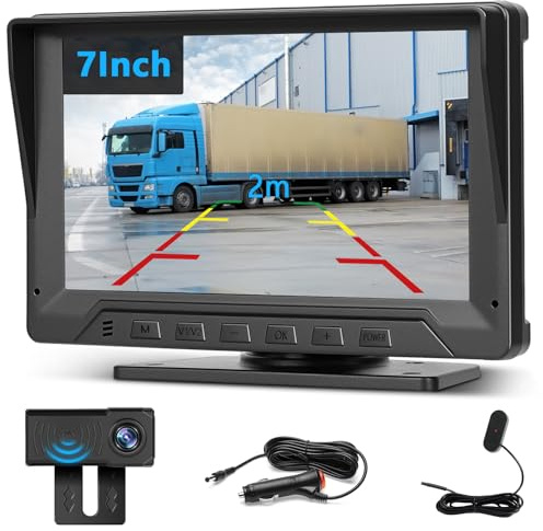 Inefala Telecamera Retromarcia con Sensore di Parcheggioe e Monitor 7 Pollici, Sistema Telecamera Posteriore con Radar di Parcheggio IP68 Impermeabile Visione Notturna, per Camion Rimorchi Camper 12V