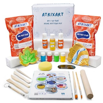 Atrixart All in One Pottery Kit for Beginners. The Craft Kit has 2kg Air Dry Clay for Adults, How to Guides & Templates, Paints and Modelling Clay Sculpting Tools Gold Edition