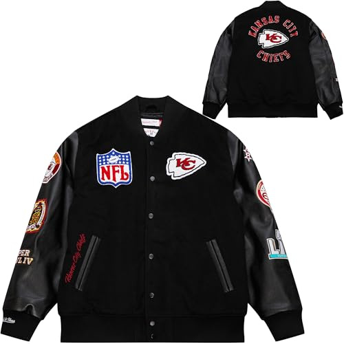 Mitchell & Ness NFL Blackout Chaqueta universitaria retro | Kansas City Chiefs | Talla 2XL, negra, parches y bordados AUZAVE210MSFen el pecho y las mangas, puños acanalados