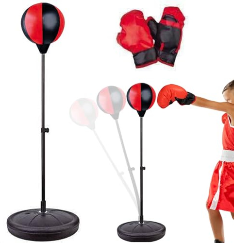 Porgeel Saco de Boxeo para Niños con Soporte Saco de Boxeo Ajustable en Altura de 28 a 41 Pulgadas con Guantes Mejora la Velocid