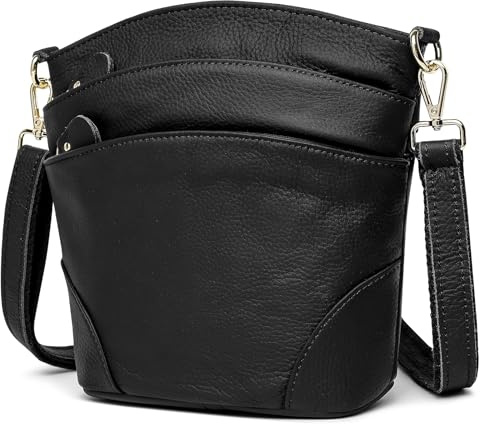 BAIGIO Petit Sac Bandoulière Femme - Sacs Portés Épaule Bandoulière en Cuir Véritable avec Multi-Compartiments & Sangle Réglable Crossbody Bag Petit Sac Seau pour Voyage Quotidien Travail, Noir