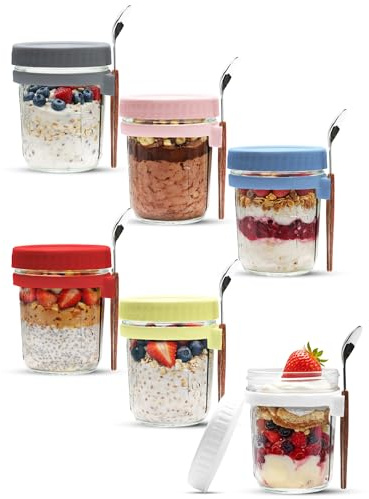 HOCHASOIN 6 Pezzi Barattoli Vetro per Overnight Oats con Coperchi e Cucchiai - 400ml Contenitori in Vetro con Segni di Misurazione per Meal Prep - Vasetti per Yogurt, Cereali, Insalate e Frutta