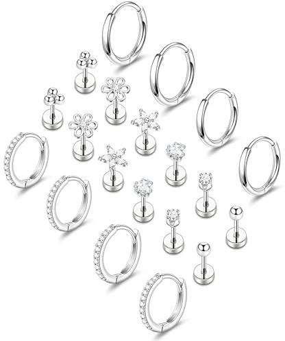 VELORICHE Flat Back Stud Earrings for Women Hypoallergenic Cartilage Conch Helix Tragus Piercing Jewelry Surgical Stainless Steel Earring Set for Sensitive Ears (silvery)