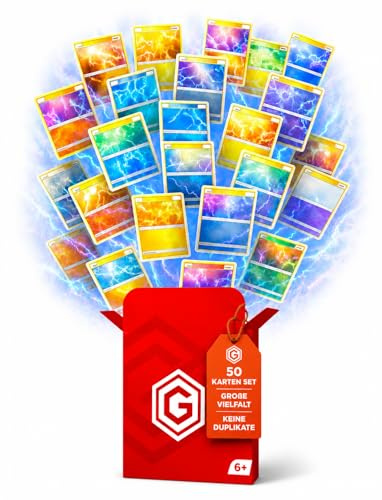 Sammelkarten Set Deutsch – 50 Verschiedene Karten mit Holo und Reverse Holo Karten – ohne Duplikate – inkl. Sammelbox kompatibel mit Pokemon Karten