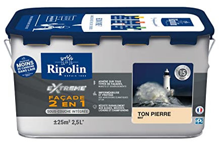 RIPOLIN - Peinture Façade 2 en 1 Extrême Extérieur - Sous-Couche Intégrée - Très Forte Adhérence - Protection Contre Micro-organismes - Résistance aux UV et Intempéries - Mat - 2,5L - Ton Pierre