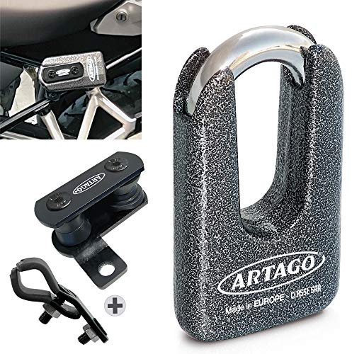Artago 69T1 Pack Bremsscheibenschloss Diebstahlsicherung Hohe Sicherheit + Halterung für BMW (R1250GS, R1200GS, F850GS, F800GS, F750GS, F700GS, G310GS, F900XR), Homologiert SRA, Sold Secure Gold, ART4