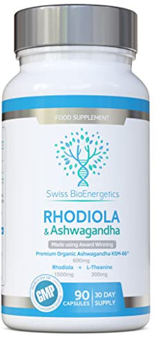 Rhodiola & Ashwagandha con L-theanine - KSM-66 600mg & 1500mg Rhodiola (3% Rosavins - 1% Salidrosides) Equivalente di root intero- Adaptogen Combo