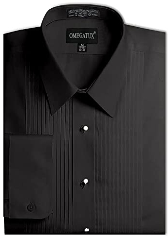 OmegaTux Mens Formal Laydown Spread Collar Tuxedo Shirt, 1/4 Pleat Black (OMTX600-15.5-35)
