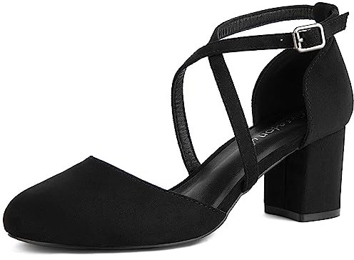 Greatonu Womens Court Shoes Mid Heel Chunky Dress Sandals Ladies Ankle Strap Wedding Party Pumps Black Size 5