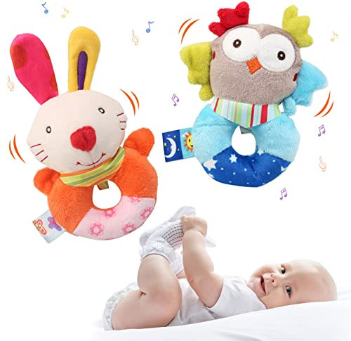 JoyPlus Greifling zum Rasseln, 2 Stück Baby Rassel Spielzeug mit Klingel Glocke, Cartoon Tier Rassel Spielzeug, Weiche Flock Stoff Rassel für Babys und Kleinkinder ab 0 Monaten(Eule, Kaninchen)