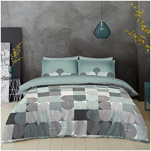 Super Dreamer 4 Piece Complete Duvet Cover With Fitted Sheet & Pillowcases, Polycotton Fabric Geometric Bedding Set, Double, Green/Charcoal