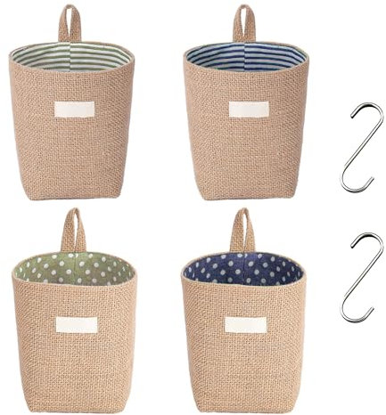 4 bolsas colgantes de lino, cestas de almacenamiento, organización de escritorio, cestas plegables y extraíbles, con ganchos en S