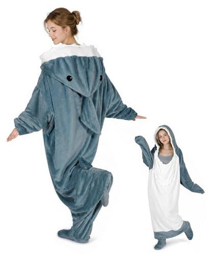 Shark Blanket - Made of Super Soft, Cosy Flannel with Hood, Shark Jumpsuit, Shark Blanket Hoodie, Shark Sleeping Bag, Portable Blanket for Adults and Children, L