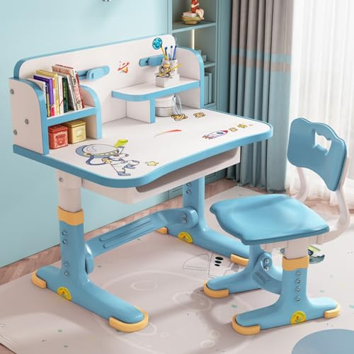 Bodhi2000 Juego de escritorio y silla para niños, escritorio pequeño, escritorio de pie, altura ajustable con cajones y almacenamiento, juego de sillas de estudio con patrón de dibujos animados para