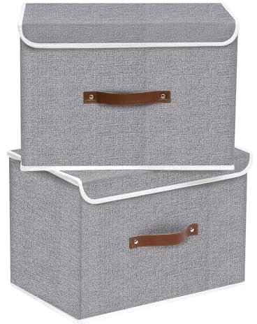 Yawinhe Storage Boxes with Lids 2 Pack, Collapsible Bin with Handle, for Organizing Clothes, 33x23x20cm, Grey, SNK018GYS-2