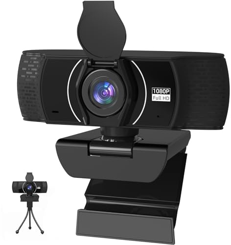 Webbkamera för PC 1080P autofokus med mikrofon, automatisk ljuskorrigering för bärbar dator PC 110° synfält kamera med skyddsstativ, webbkameror för PC, bärbar dator, zoom, videosamtal, Skype, team