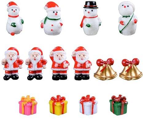 DWE Christmas Miniature Figurines, 14 Pcs Multi-colored B Mini Christmas Ornaments Kit, Cute Resin Snowman Santa Claus Bells Gifts Xmas Micro Landscape Ornaments