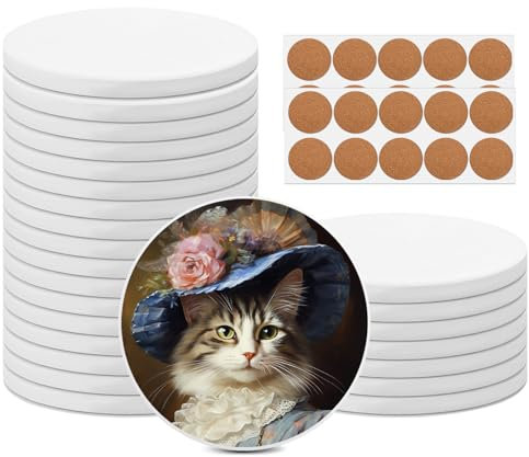 SHUESS Ceramic Coasters - 25 Pack with Cork Backing Pads - Blank Unglazed White Tiles for Crafts, Art Projects, Inks, Painting, DIY - 10 cm/4 inch