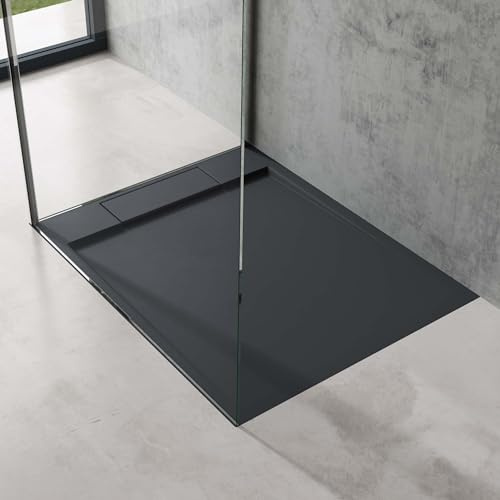 doporro Plato de Ducha Rectangular 80x90x4cm Mármol Fundido en Antracita Conexiones DIN apto para Instalación a ras de Suelo Geoma04