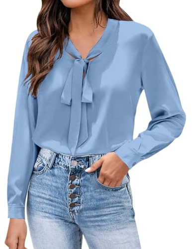 Chemisier Femme Chic et élégant Manche Longue col Cravate Chemise en Mousseline de Soie Blue Tunique Blouse col en v avec Cordon de Serrage Chemisier de Soirée Business Top uni (Light Blue, L)
