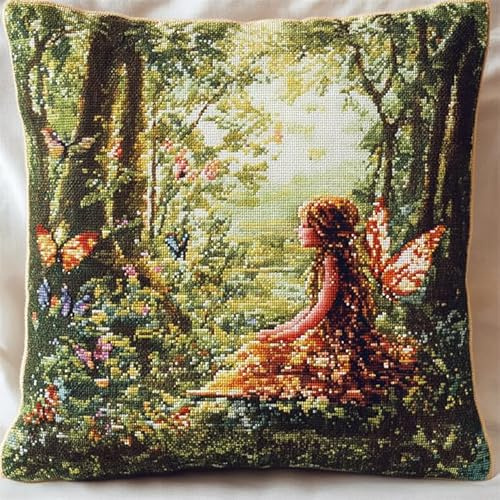 Kit di cuscino gancio di chiusura per adulti, farfalla della foresta, tappeto fai da te, kit di fabbricazione del cuscino, motivo colorato, tela stampata, federa, kit di decorazione di 43 x 43 cm