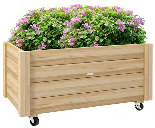 Outsunny Jardinera de Madera con Ruedas Huerto Urbano Madera Jardinera Rectangular con Orificios de Drenaje y Tela no Tejida para Cultivo Flores Plantas en Jardín Balcón Terraza 89x48x47 cm Natural