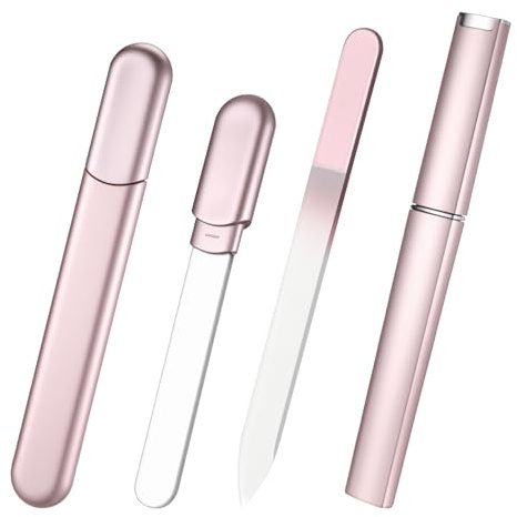 Lnngub 2 Pcs Glass Nail File and Buffer with Case,Glass Fingernail File Crystal Nail Files for Natural Nails,Stocking Stuffers for Women Christmas Gifts(Rose Gold)