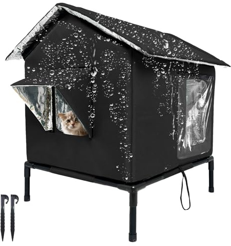 Outdoor Cat House Weatherproof with Aluminum Film Insulation, Large Feral Cat Shelter for Winter, Collapsible with Door, Easy to Assemble (Black)