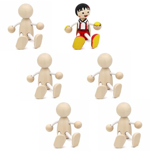 6 Piezas Muñecos Pequeños de Madera para Pintar, Muñeco Tambaleante de Madera, Muñeco Modelo Madera Decoración - figuras articuladas sin pintar para DIY, manualidades y decoración