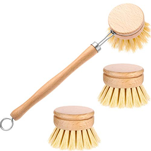 Cepillo clásico para Lavar Platos, Cepillo Natural con 2 Cabezales de Cepillo de Repuesto de Madera de Haya para Suministros de Limpieza de Cocina