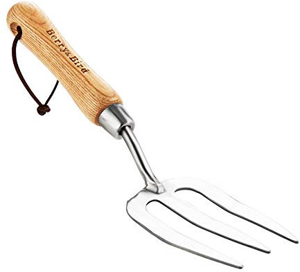 Berry&Bird Garten-Handgabel, 31.2cm Edelstahl-Gartengabel, Traditionelles Garten-Handgabel-Werkzeug mit kurzem Stiel aus Eschenholz zum Jäten, Graben, Pflanzen und Kultivieren