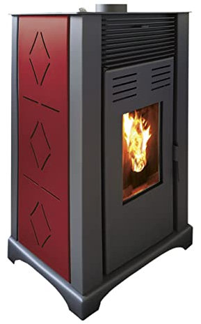JOIMA - Estufa de Pellets sin Electricidad Modelo TERRANOVA 7 KW. Funciona sin conexion a la red electrica. Color Burdeos