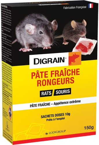 DIGRAIN Pâte Fraîche Rongeur - Anti Rat, Souris - Souricide Raticide - Sachets Doses 10g - Boîte 150g