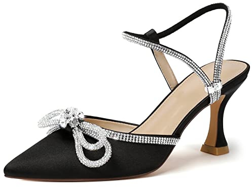 Susanny Black Rhinestone Heels for Women Closed Toe Sparkly Pearl Glitter Bow Heels Evening Party Ankle Strap Pointed Toe Pumps Dress Kitten Heels Comfortable Dressy Prom Shoes 7.5