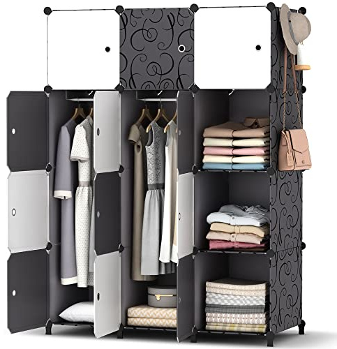 HOMIDEC Upgraded Portable Wardrobe 12 Cube Closet with 2 Clothes Hanging Rails, Deeper Cube Clothes Storage Organizer Shelf for Bedroom