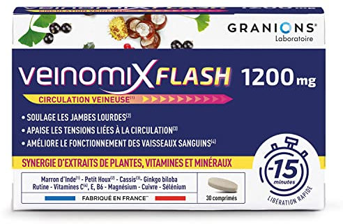 GRANIONS | VEINOMIX FLASH | Hémorroïdes, circulation veineuse, jambes lourdes | Libération Flash 15 min | Marronnier d'Inde + Petit Houx + Ginkgo Biloba + Cassis | 30 comprimés