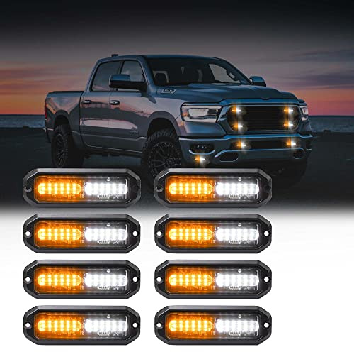 WINECO Amber/White LED Strobe Lights Kit - 8pcs 12-LED Flashing Emergency Warning Lights for Trucks, Cars and Vehicles