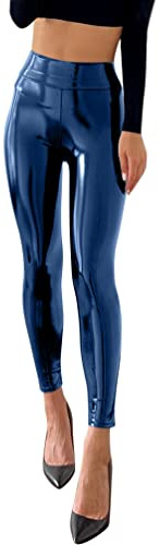 Minetom Leggins Donna A Vita Alta Elasticizzati Leggings in Pelle Stretch Skinny Ecopelle Sportivi Pantaloni per Fitness Yoga C Blu S