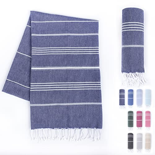 Laynenburg Hamam-handduk med handknutna fransar, 100 % bomull, XXL-strandhandduk på 100 x 200 cm, OEKO-TEX 100, stor strandhandduk, bastuhandduk och resehandduk (marinblå)