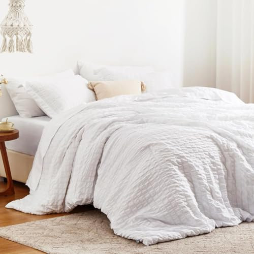 Sedefen Seersucker Bettwäsche 135x200cm 4teilig Weiß Weiss Unifarben Mädchen Wende Bettwäsche Set Weiche 2 Bettbezug 135x200cm und 2 Kissenbezüge 80x80cm mit Reißverschluss