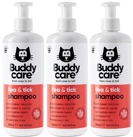 Buddycare Flea & Tick Katzen-Shampoo – entfernt Flöhe, Zecken und Milben – Tiefenreinigendes Shampoo für Hunde, Tea Tree & Eukalyptus Flea, 500 ml x 3