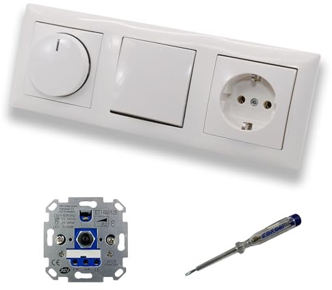 REV Ritter LED Drehdimmer Dimmer + Busch Jäger Dimmerscheibe 2115-914 + Lichtschalter 2000/6US + Steckdose 20EUC-914 Balance Si alpinweiß glänzend + EBROM Phasenprüfer z. Montage d. Geräte ET1 66012B
