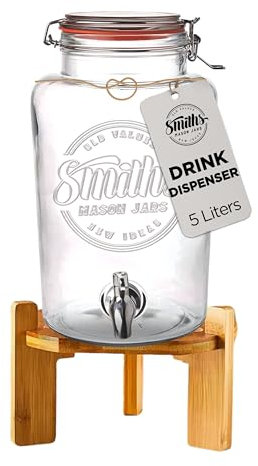 Distributeur de boisson avec robinet 5 L – Bocal en verre Mason avec robinet – Fontaine à boisson, jarre cocktail & fontaine punch pour jus, thé glacé, cocktails (mit Holzständer)